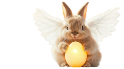 Fluffy bunny with angel wings carrying a glowing Easter egg on a white background --ar 16:9