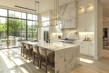  kitchen with a large island, marble countertops, high-end appliances, designer lighting fixtures, and an airy, bright atmosphere, shot in crisp, detailed photographic quality,