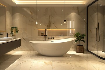 Ultra HD 3D render of a luxurious contemporary bathroom with a freestanding tub, modern fixtures, ambient lighting, and marble accents, shot in high-quality photography style for brochures,