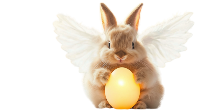 Fluffy bunny with angel wings carrying a glowing Easter egg on a white background --ar 16:9 - Powered by Adobe