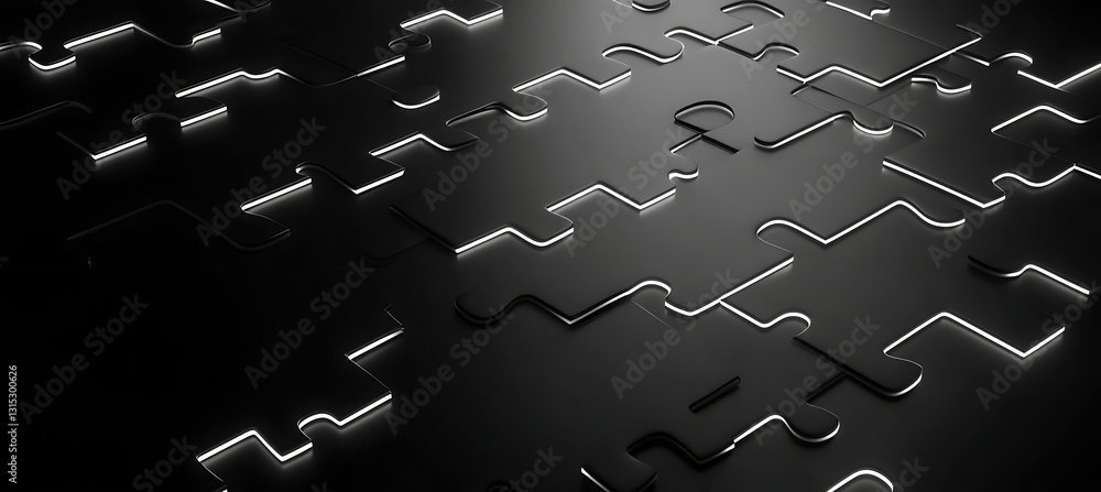 Poster black and white neon puzzle pieces forming a futuristic background with abstract patterns in digital