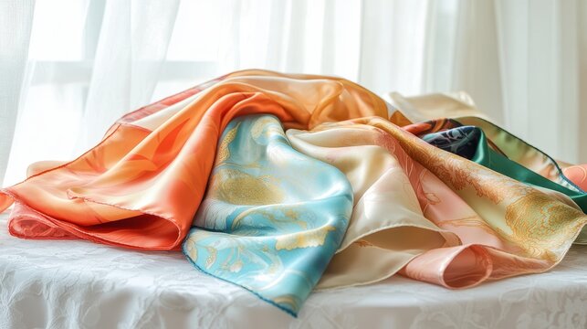 A collection of luxury silk scarves, displayed on a white table with soft lighting, on a white isolated background