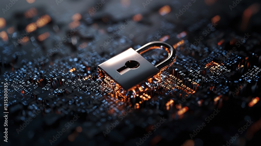 Poster the concept of lock icon cyber security encompasses the protection of digital data networks, alongsi
