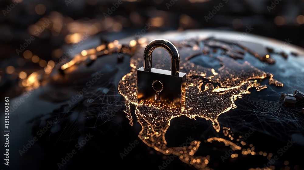 Poster digital data and network protection symbol, featuring a lock icon, set against a backdrop of global 