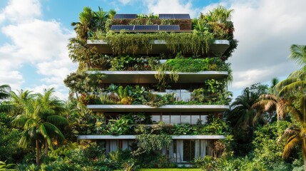 Sustainable vertical garden apartment building, lush greenery, solar panels, tropical