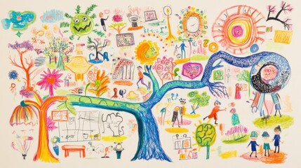 Fototapeta premium Colorful children's drawing of a fantastical world, filled with diverse elements, vibrant colors, and playful imagery
