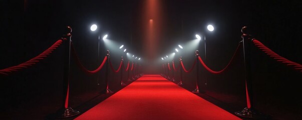 A red carpet with velvet ropes and spotlights in a dark background.