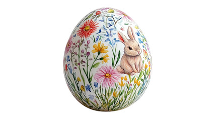 Hand-painted Easter egg with tiny rabbits, flowers, and springtime designs on a white background --ar 16:9