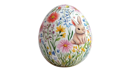 Hand-painted Easter egg with tiny rabbits, flowers, and springtime designs on a white background --ar 16:9