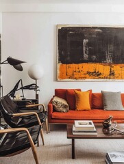 An interior living room decorated with modern furniture and art