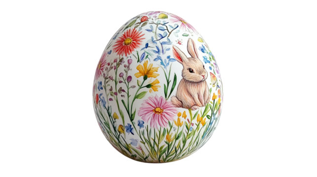 Hand-painted Easter egg with tiny rabbits, flowers, and springtime designs on a white background --ar 16:9