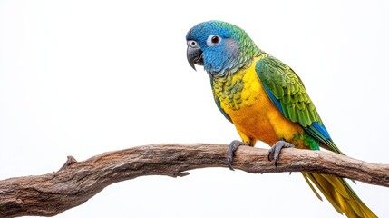 Obraz premium A colorful tropical parrot perched on a branch, against a white isolated background