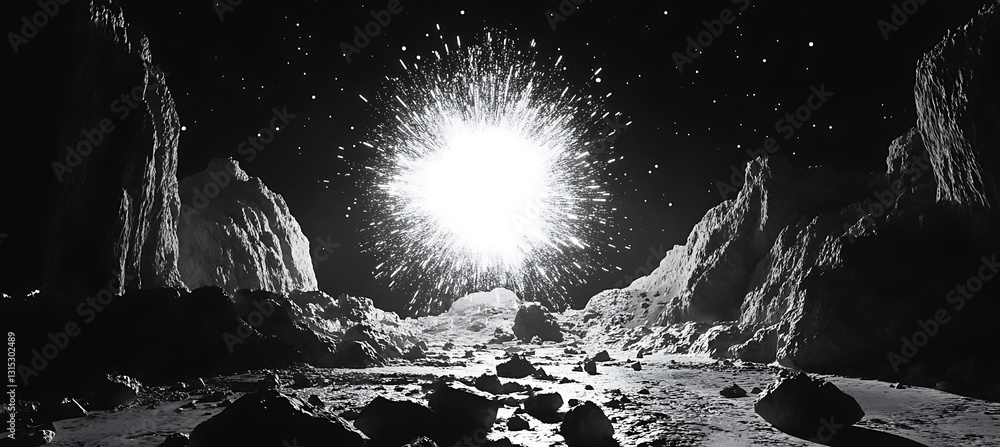 Poster a neon starburst explodes in a black and white abstract background with a minimalistic space backdro