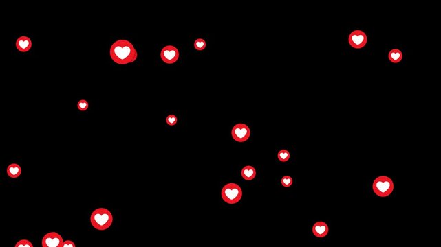 Floating Red Heart Like Icons Animation. Like Button. Red Circle With White Heart Icon. Transparent Background With Alpha Channel. Social Media Reaction, Digital UI Overlay