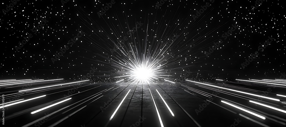 Poster a neon starburst explodes in a black and white abstract background with a minimalistic space backdro