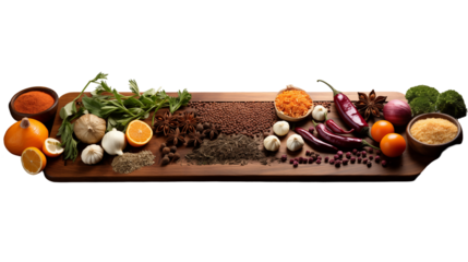 Spices with Citrus Fruits Culinary Ingredients, Wooden Board for Food Themes, isolated on transparent background.