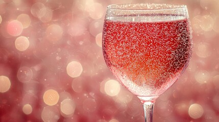 Red liquid in clear glass with bokeh background. Festive drink