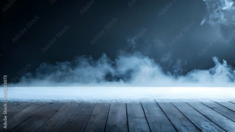 Poster Dark Wooden Floor Covered With Snow Underneath A Dense Fog Illuminated By A Soft Light Against A Black Backdrop Creating A Mysterious And Dramatic Atmosphere