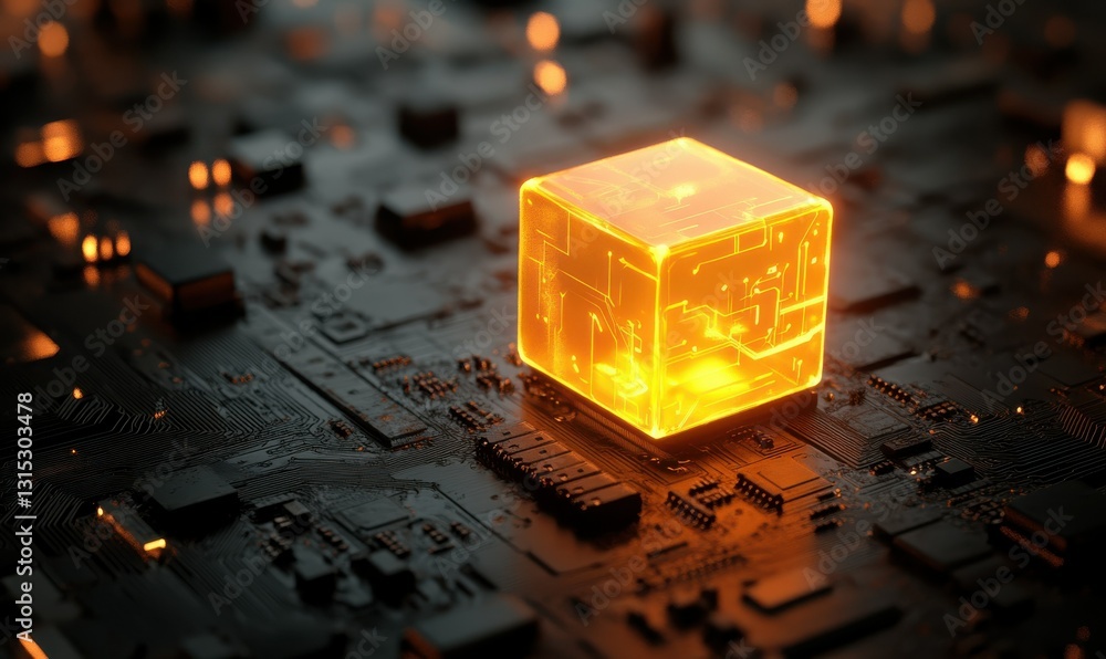 Poster glowing cube on circuit board
