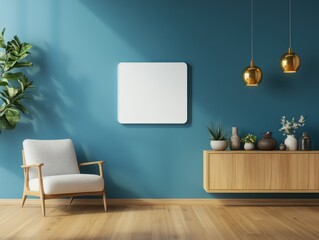 Teal wall room mockup, armchair, wood cabinet, sunlight, poster