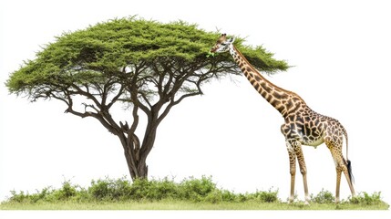 A majestic giraffe eating leaves from a tree, with its long neck reaching high, on a white isolated background