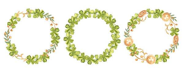 Clover Wreaths set, Round frame, border. Watercolor hand drawn Shamrock and Golden Coins and Branches illustration isolated on a white background. Symbol of Good luck, wealth or success for St