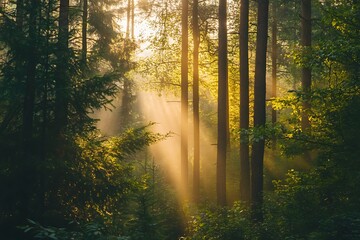 Obraz premium Golden Sunlight Piercing the Misty Forest