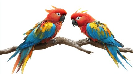 Obraz premium A pair of lovebirds perched on a branch, with vibrant feathers, on a white isolated background