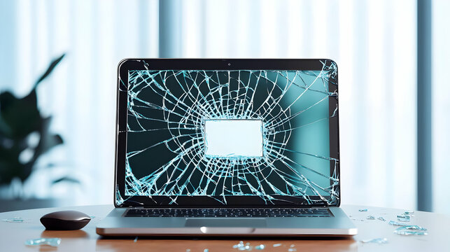 Broken Laptop With Shattered Screen On Wooden Table Indoors In Modern Office Setting With Bright Backlit Window