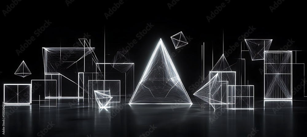 Poster black and white neon wireframe background with abstract geometrical shapes creating a futuristic dig