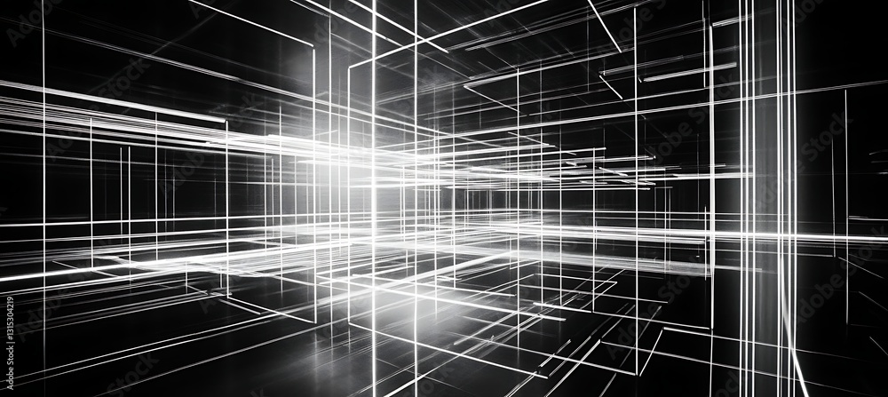 Poster black and white neon wireframe background with abstract geometrical shapes creating a futuristic dig