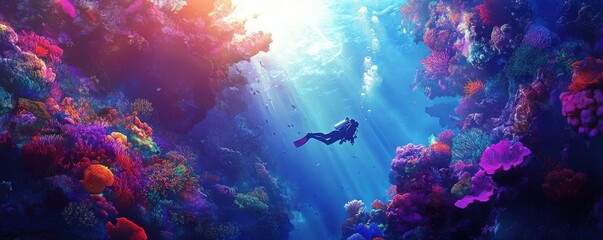 A scuba diver swims through a vibrant coral reef, with sunlight streaming down from above.