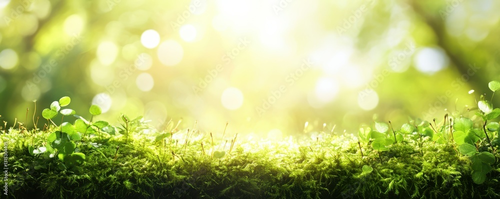 Poster green moss in a bright forest clearing. seasonal natur background with bokeh and short depth of fiel