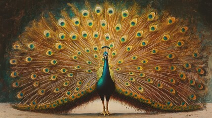 A proud peacock displaying its vibrant feathers, with a striking pattern, on a white isolated background