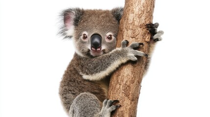 Fototapeta premium A baby koala climbing a eucalyptus tree, with a sleepy expression, on a white isolated background