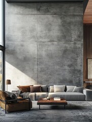 Minimalist Chic Living Room showing concrete furnishings in neutral hues