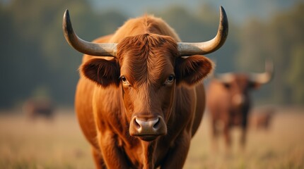 s a close-up view of a reddish-brown bull standing in a field, looking directly at the viewer. T