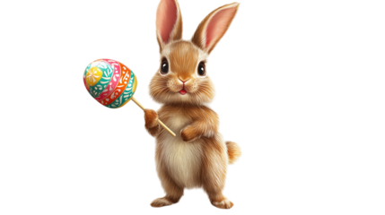 Little bunny holding a lollipop shaped like a decorated Easter egg on a transparent background --ar 16:9