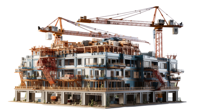 Modern Construction Site Detailed Crane Model, Urban Development Design for Highrise Apartments, isolated on transparent background.