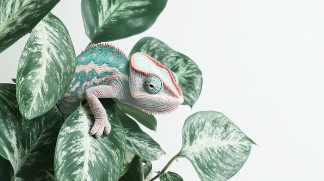 A chameleon blending into a leafy background, with its colorful skin showing, on a white isolated background