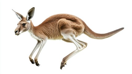 A kangaroo hopping across the Australian outback, with its powerful legs in full motion, on a white isolated background