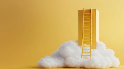 Golden Ladder Reaching Upward to a Solid Gold Block Above a White Cloud on a Yellow Background