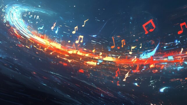 Colorful musical notes in dynamic motion artwork