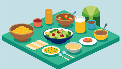 The table is adorned with various side dishes such as rice farofa and greens all ready to be added to individual plates alongside generous portions of the famous feijoada.. Vector illustration