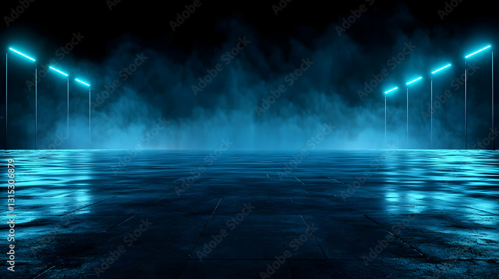 Poster dark empty stage with glowing blue lights reflecting on wet surface with fog or smoke background in 