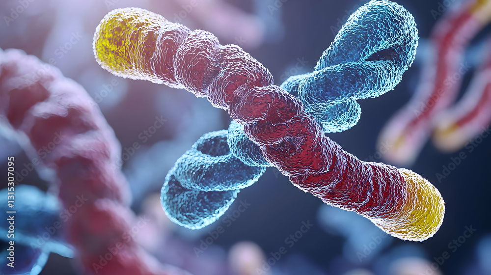 Poster detailed 3d rendering of a glowing multicolored chromosome structure on a dark microscopic backgroun