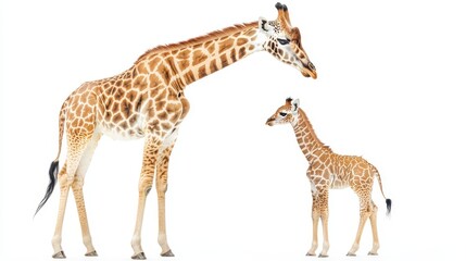 Fototapeta premium A mother giraffe with her baby standing beside her, both looking into the distance, on a white isolated background