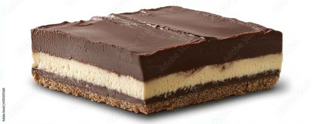 Poster a slice of chocolate custard dessert with a graham cracker crust, topped with a layer of chocolate g