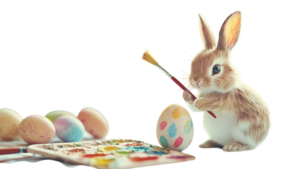 Mini bunny artist painting an Easter egg with a tiny brush on a white background --ar 16:9