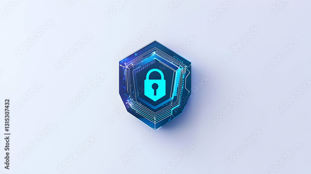 Poster blue hexagonal security icon with glowing padlock on clean background representing digital protectio